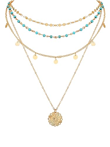MINACHI Dainty Layer Necklace, Multilayered Created Turquoise Bead Chain Necklace,