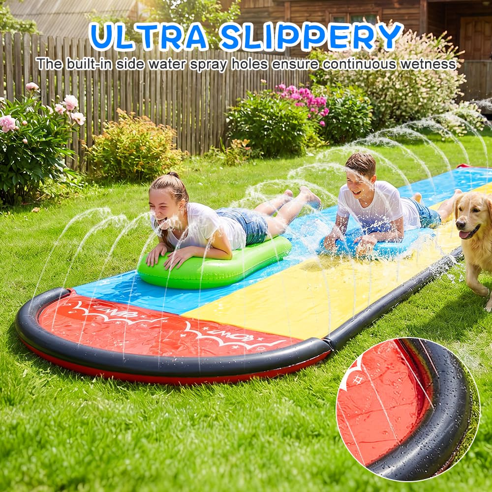 Double Wasserrutsches mit 2 Bodyboards, 19.6ft/600cm Wasserrutsche Garten für Kinder, Wasserrutsche mit Sprinkler Sommer & Splash-Pool, Wasserspielzeug Kinder Outdoor, Gartenspielzeug