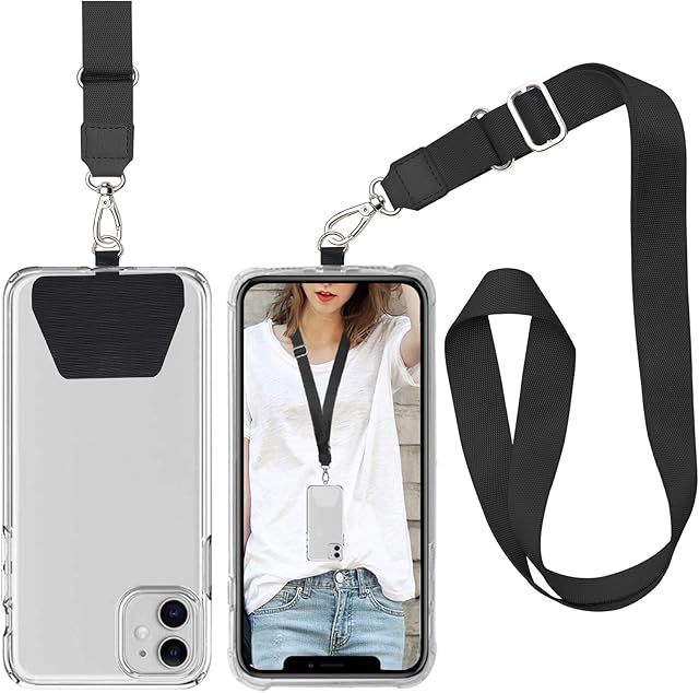 takyu Phone Lanyard Neck Strap, Adjustable Phone Neckstrap with 2 Adhesive Phone Lanyard Tethers Compatible with iPhone Samsung Galaxy and Most Smartphone Black