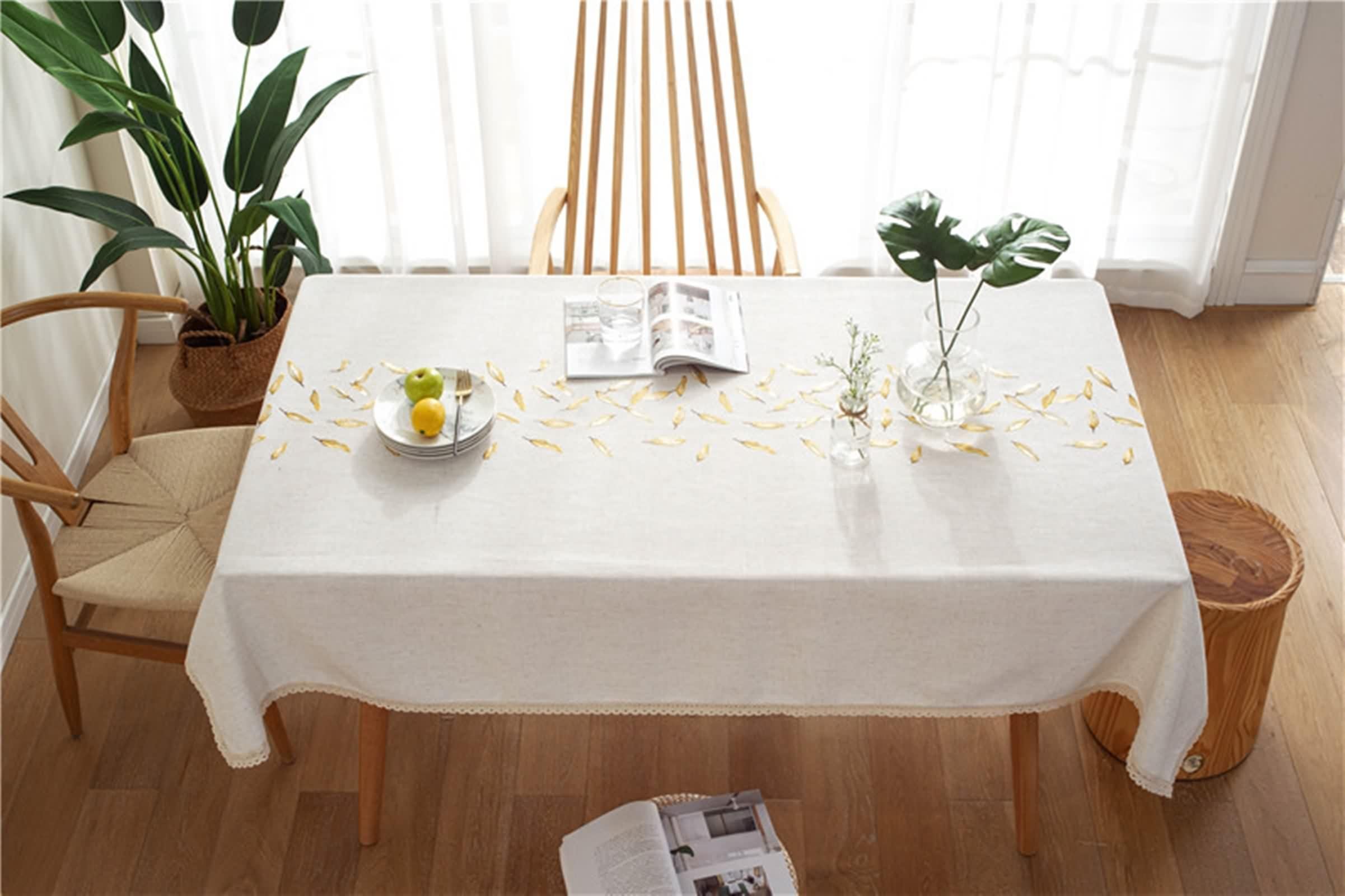 Tischdecke Rechteckig Beige, Tischdeko Geburtstag Vintage Polyester Bestickt Lassen Table Cover 140X100CM für Party Hochzeit