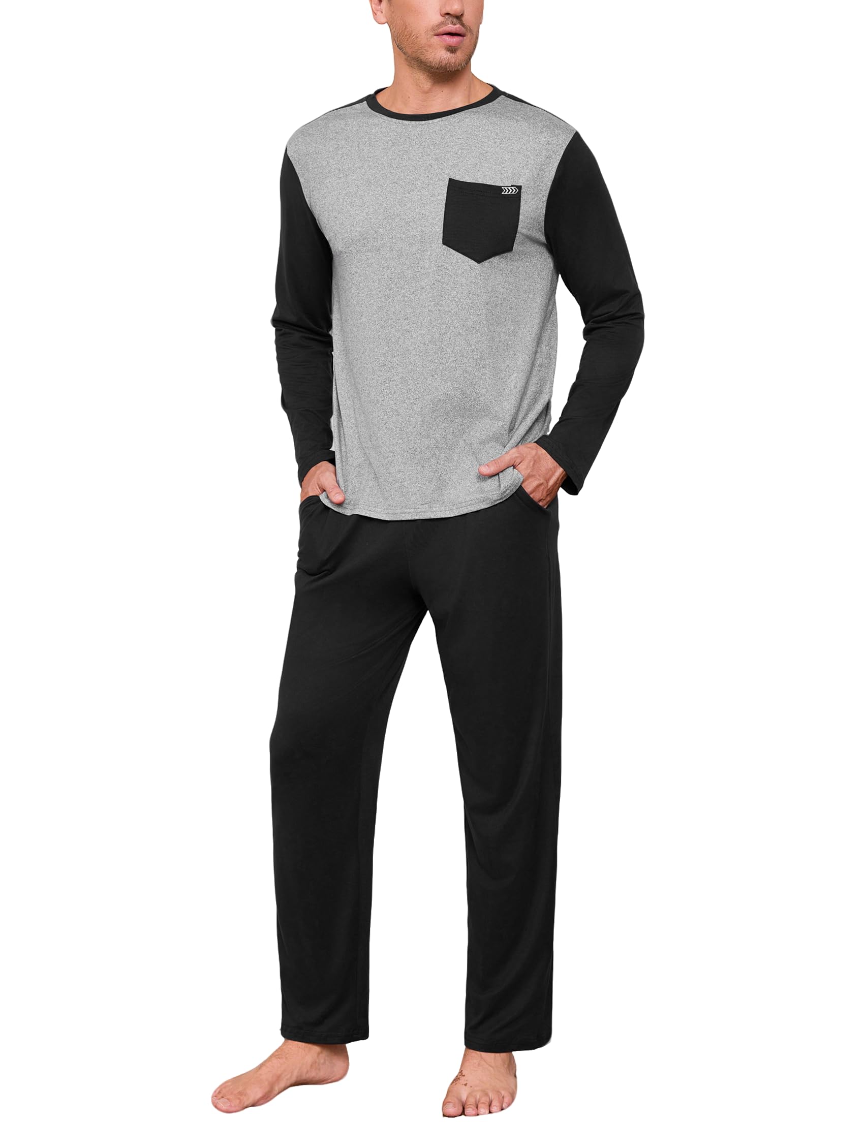 Terecey Schlafanzug Herren Lang Pyjama Set Baumwolle Winter Nachtwäsche Zweiteilige mit V-Ausschnitt Brusttasche Langarmshirt und Pyjamahose mit Elastischem Bund und Taschen fur Männer S-2XL