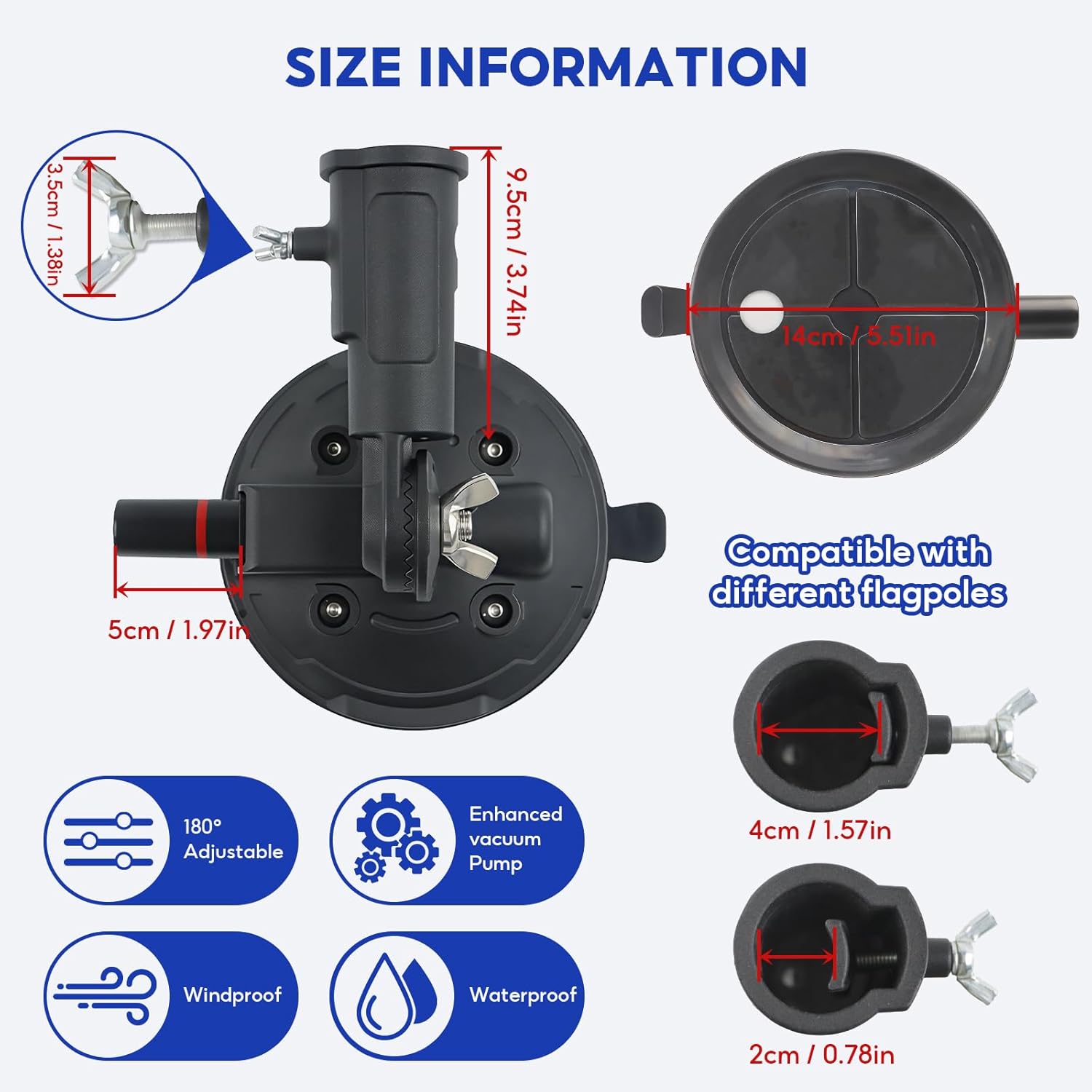 Suction Cup Flag Holder for RV, Flag Holder with Suction Cup - 180° Adjustable Car Flag Mount for Truck, SUV, Camper,Trailer Universal Pole Kit Fits 3/4" to 1.1" Flags for Tailgating,Travel, Parades