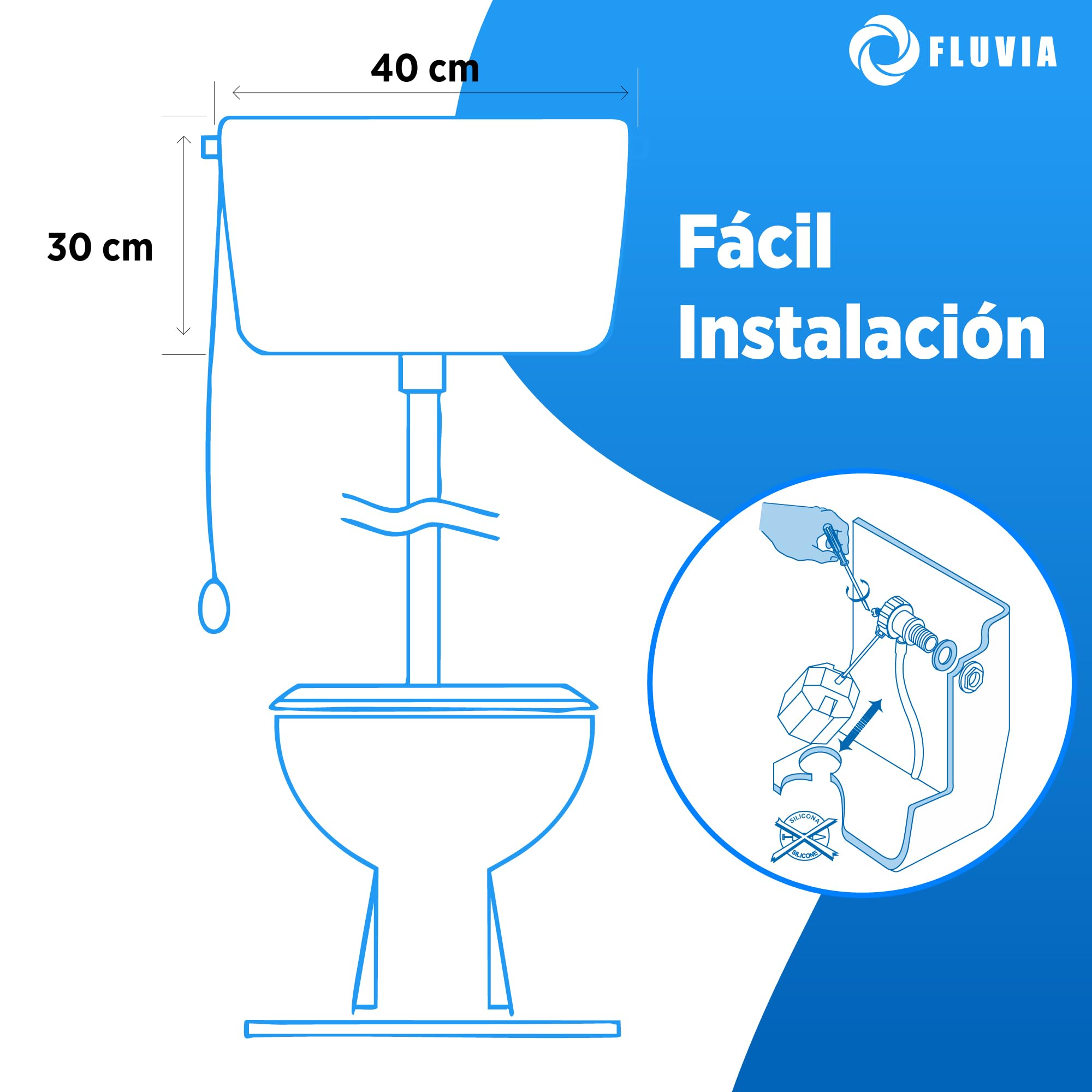 Cisterna Alta completa para inodoro de PVC |incluye Mecanismo de descarga flotador lateral y cadena | intalacion nueva o reemplazo |resistente y facil de montar FLUVIA