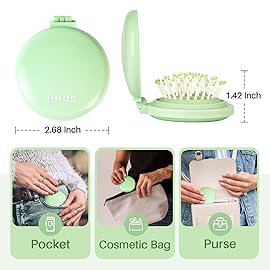 RHOS Folding Brush with Mirror - Compact, Portable and Foldable for Travel, Suitable for Women, Men, and Kids (Green)