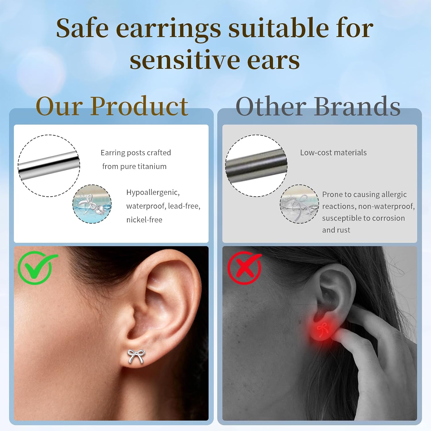 Limerencia Bow Earrings F136 Titanium Tiny Bow Studs Small Cute Bowknot post Stud Earrings Gold Silver Tone for Teens Sensitive Ears