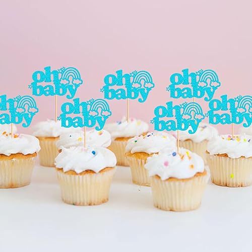 Miniatura 7 de Ercadio Paquete de 24 adornos bohemios para cupcakes con diseño de arco iris Oh Baby para cupcakes, color azul, boho, arco iris, Oh Baby para tartas