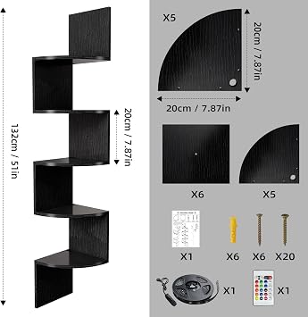 HAAYOT Corner Shelf Wall Mounted with Lights, 5-Tier Floating Shelves for Living Room, Bedroom, Black