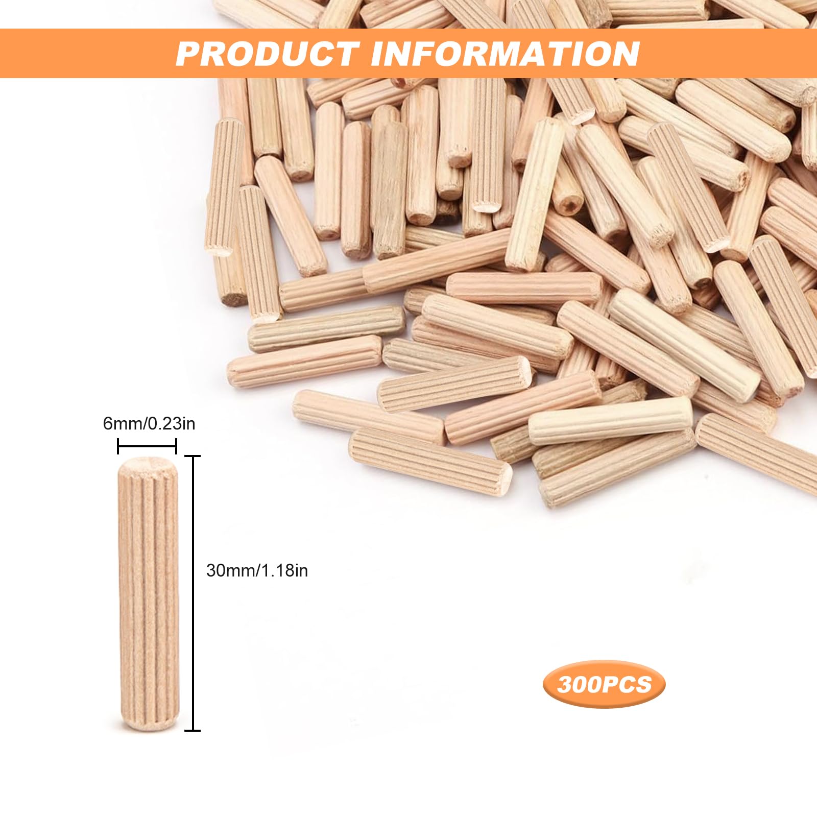 Wooden Dowels 6 x 30mm, 300 Pcs Wooden Dowel Rods Pins for Craft Grooved Fluted Wood Dowels Plugs Pin Rods for Furniture DIY - Image 2
