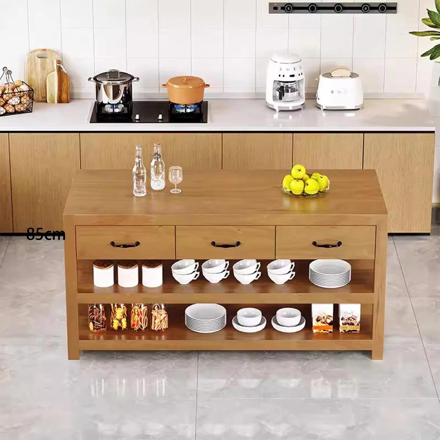 Storage Trolley Wooden Kitchen Island with Drawers and Open Shelves Freestanding Storage Cabinet Shelving Organizer(Large)