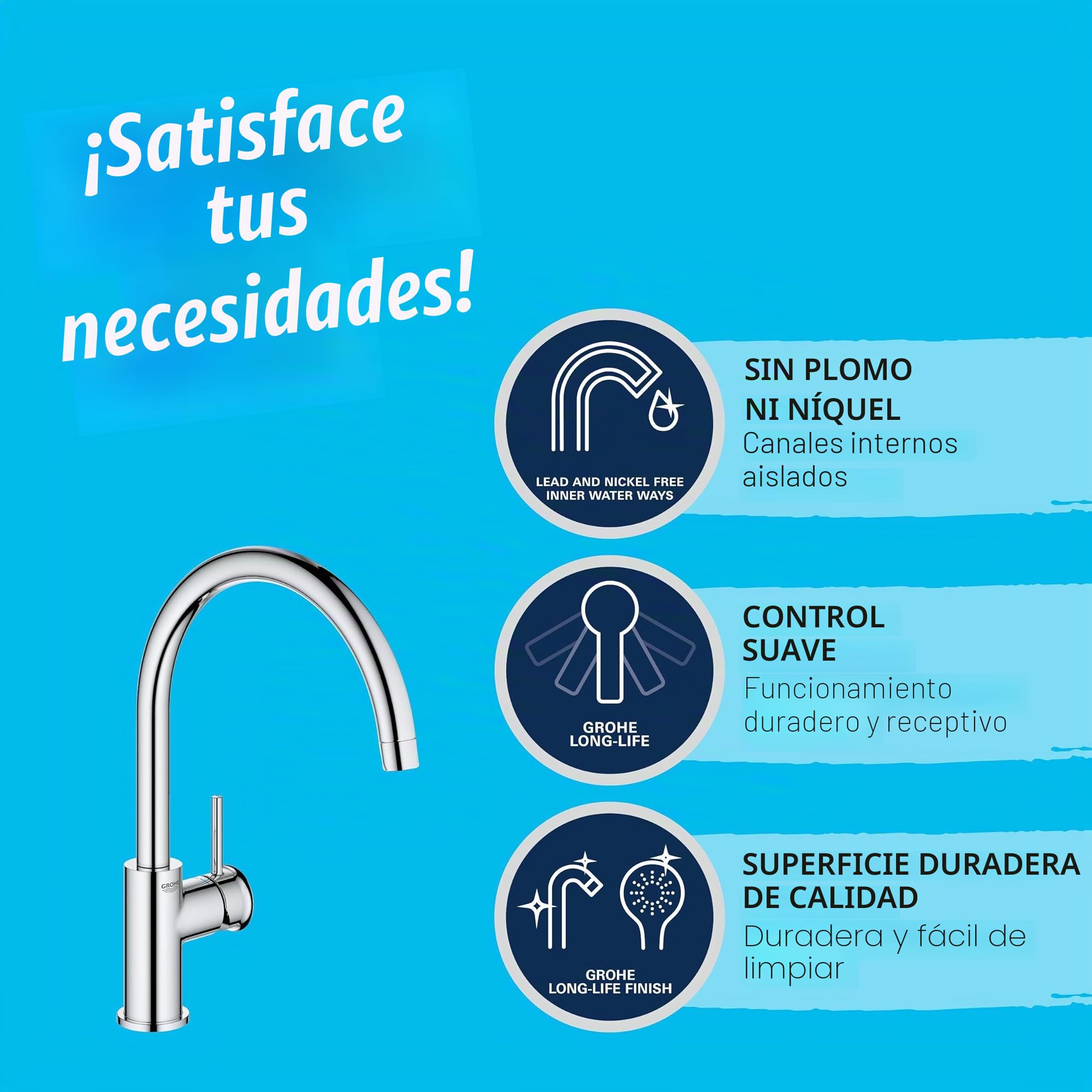 GROHE Start Classic Quickfix, Grifo de cocina (caño alto, forma en C, menor consumo de agua, sistema de instalación rápida), cromo, 31553001