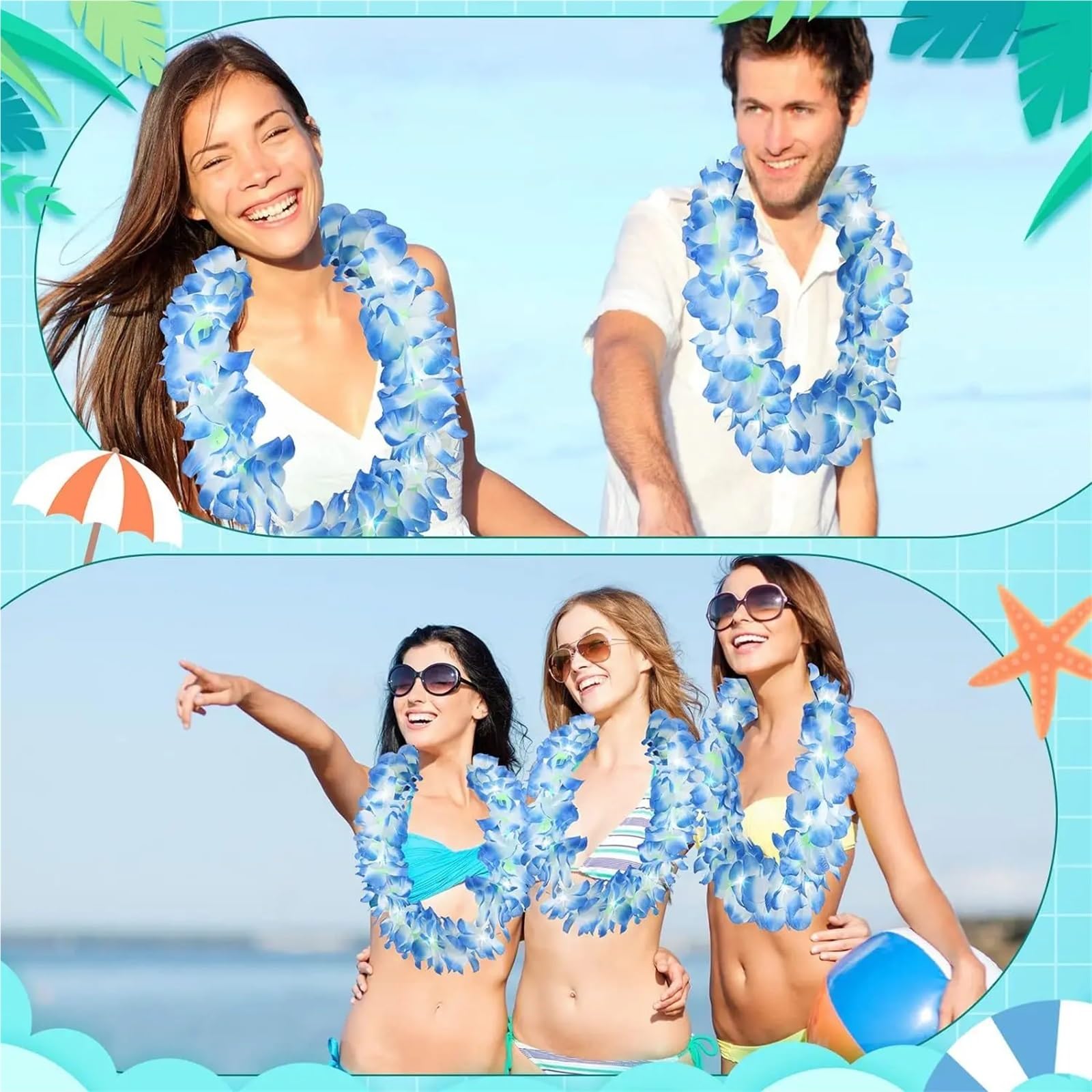 24 Stück Hawaiiketten for Frauen und Mädchen, blau, Leuchtend, leuchtende Blumenketten, Halskette, Kranz, Girlanden, Strand, Sommerparty Für Strandpartys,Zusammenkünfte