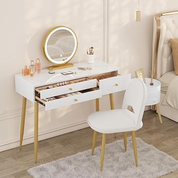 WOLTU Dressing Table with LED Mirror, Adjustable Brightness, White