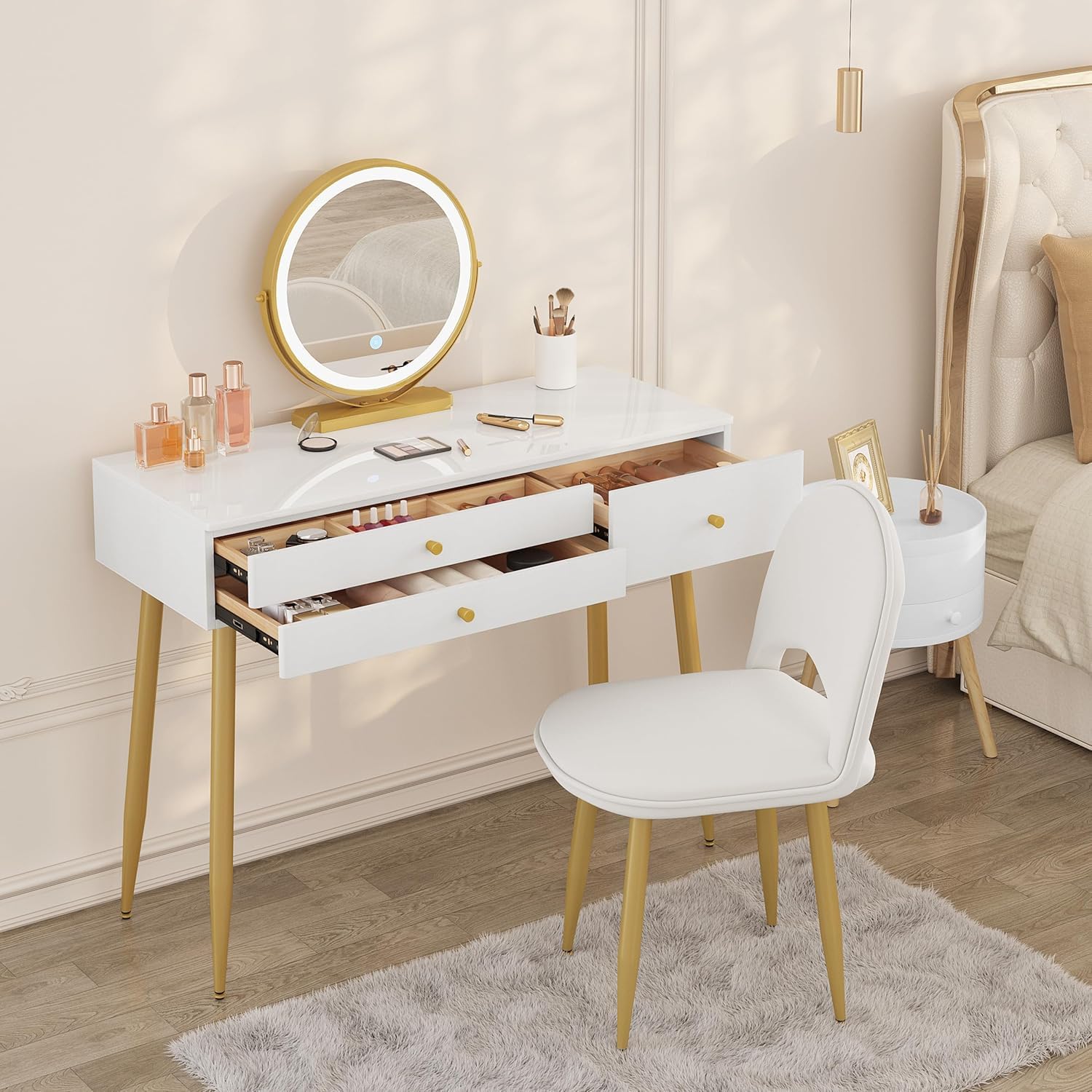 WOLTU Dressing Table with LED Mirror, Adjustable Brightness, Modern Vanity Table and Stool Set with 3 Drawers, Backrest Adjustable Dressing Chair, White+Golden