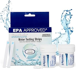 Drinking Water Essentials Kit - 200 Aquatabs Water Purification Tablets + 50 Chlorine Test Strips - for Boat and RV Tanks - by Aquamarine Water Solutions