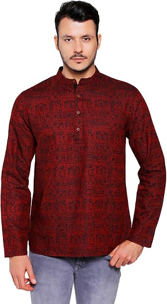 Mens Banded Collar Artisan Warli Print Henley Style Sleek Kurta Tunic; Maroon; LG