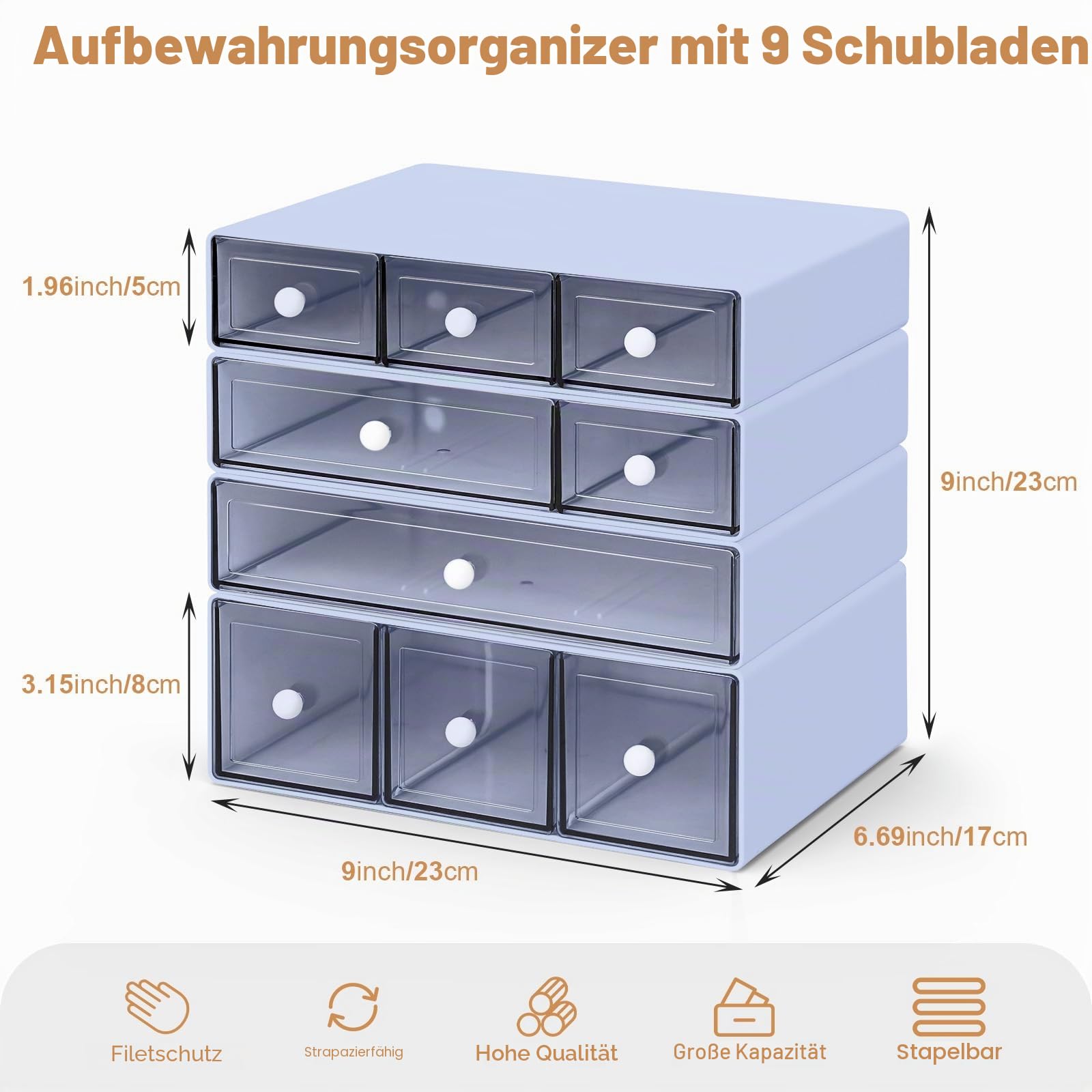 Desk Aufbewahrungsbox mit 9 Schubladen, 4 Lagen stapelbare Lagerung Schubladen für Schreibtisch Lagerung, Klare Veranstalter Anzug für Schreibwaren Make-up Schmuck Büro Craft Supplies (Violett)