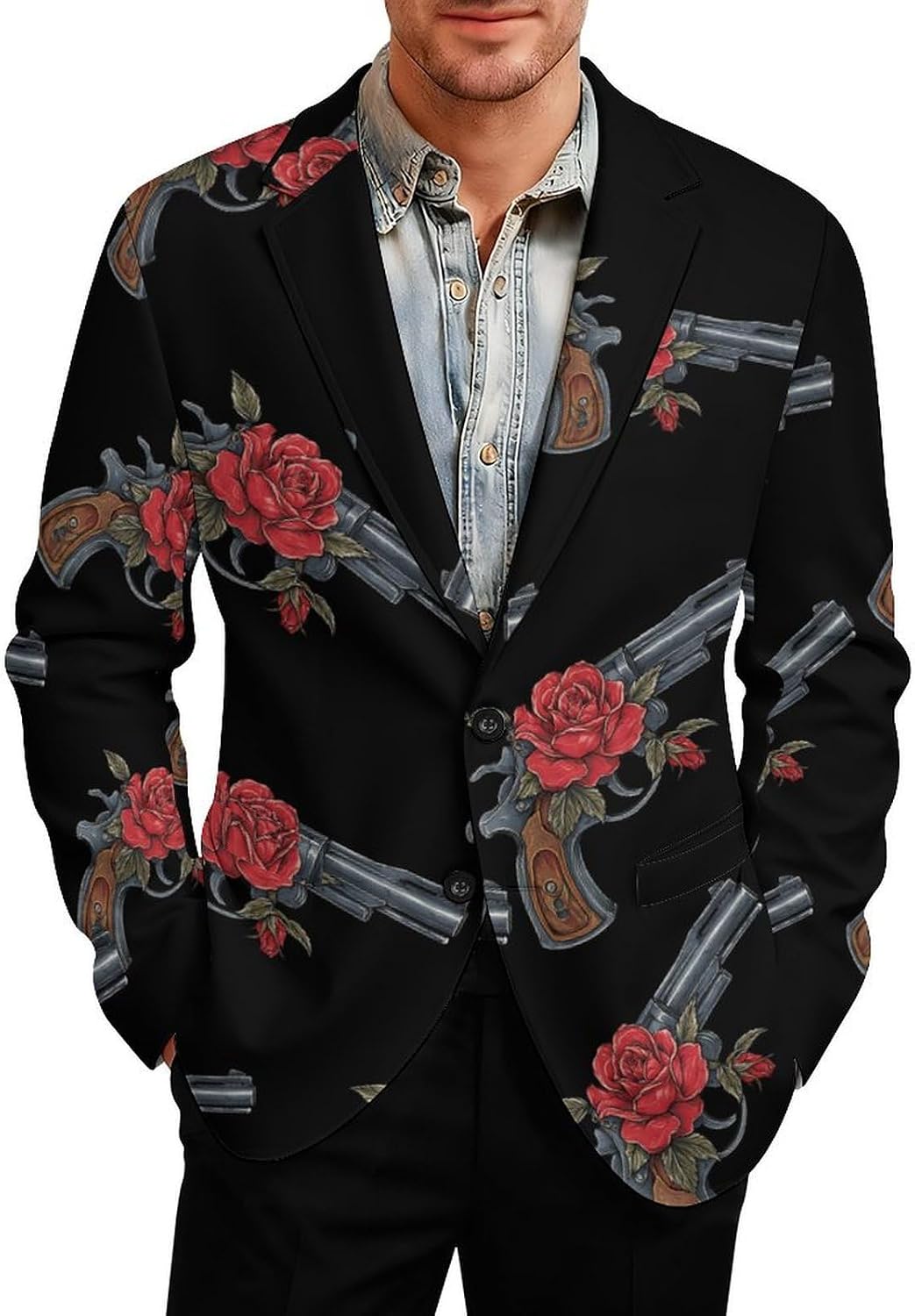 Red Flowers Guns Mens Blazer Jacket Business Casual Suit Sport Coats Wedding Party Tuxedo