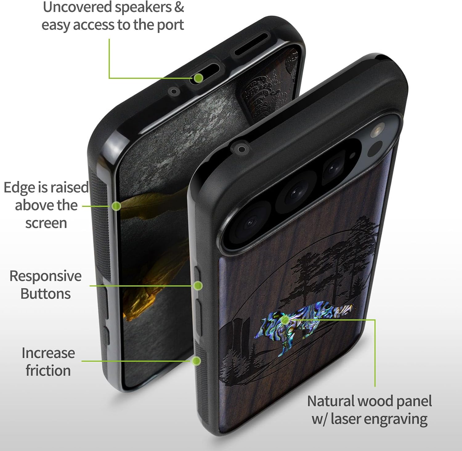 Carveit Magnetic Wooden Case for Google Pixel 9 Pro XL Case, Wood Artisan Engraved & Handmade Shell Inlaid, Compatible with MagSafe Wireless Chargers, Fox and Woods - Blackwood