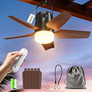 Outdoor Ceiling Fans for Patios, 20" Portable Ceiling Fan with Light Remote | 20000mAh Rechargeable Battery Powered, Cooling Fan for Patio Gazebo Porch Canopy Umbrella Camper RV Cruise, Farmhouse