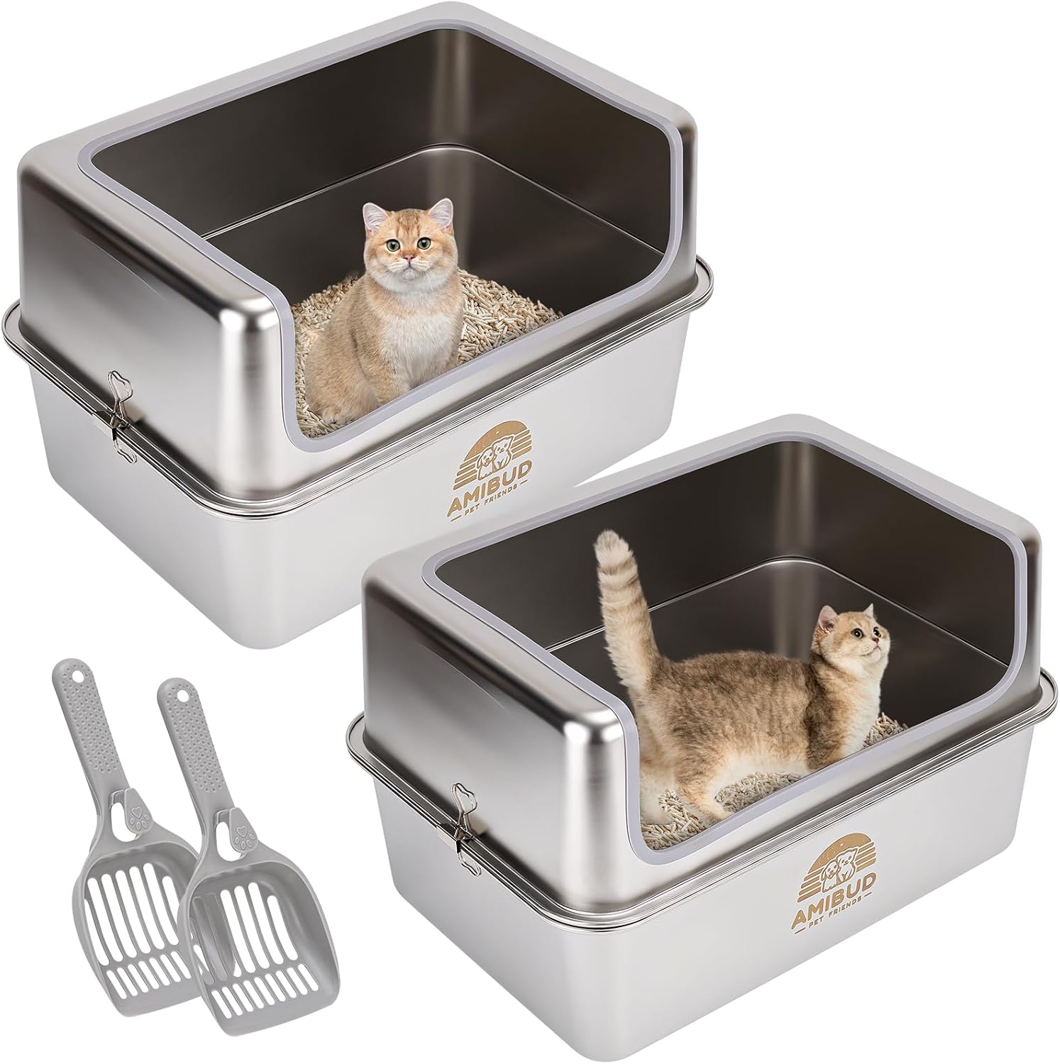 2 pack stainless steel cat litter boxes with metal lid scoop,extra large kitty litter pan with high wall enclosure-odor free&easy to clean gray-all metal