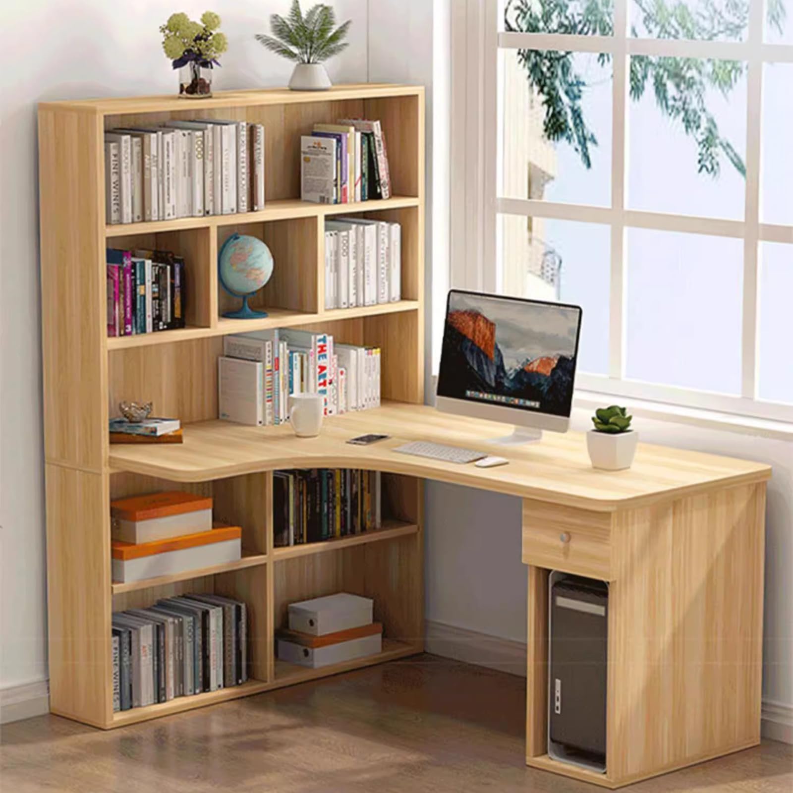 HM&DX L Shaped Desk with Hutch,Modern Wood L-Shaped Corner Desk with Drawers,47 Inch Computer Desk with Storage Shelves,Writing Study Table for Home Office Workstation Furniture