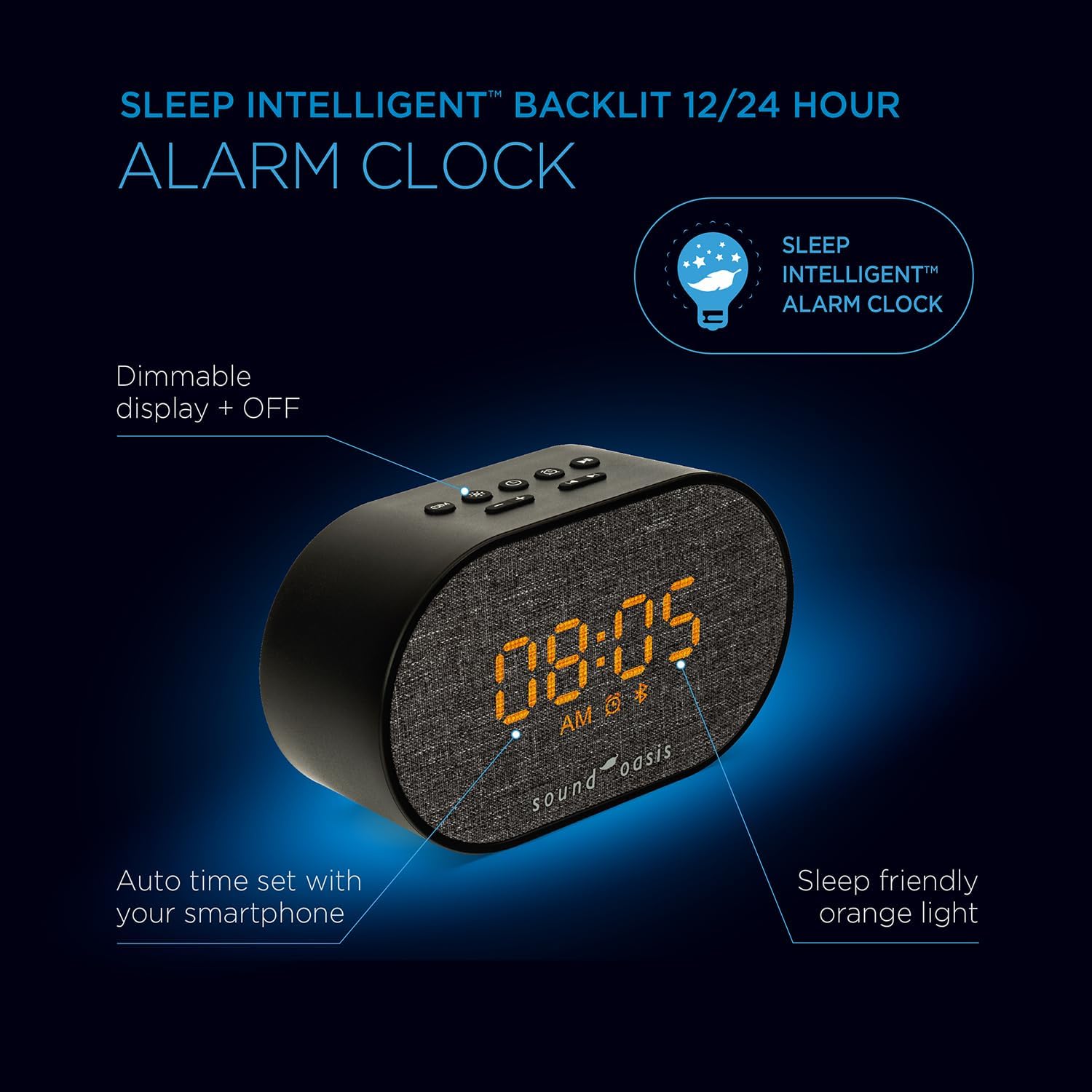 Sound Oasis BST-150 alarm clock with sleep-friendly orange light and auto time set feature.