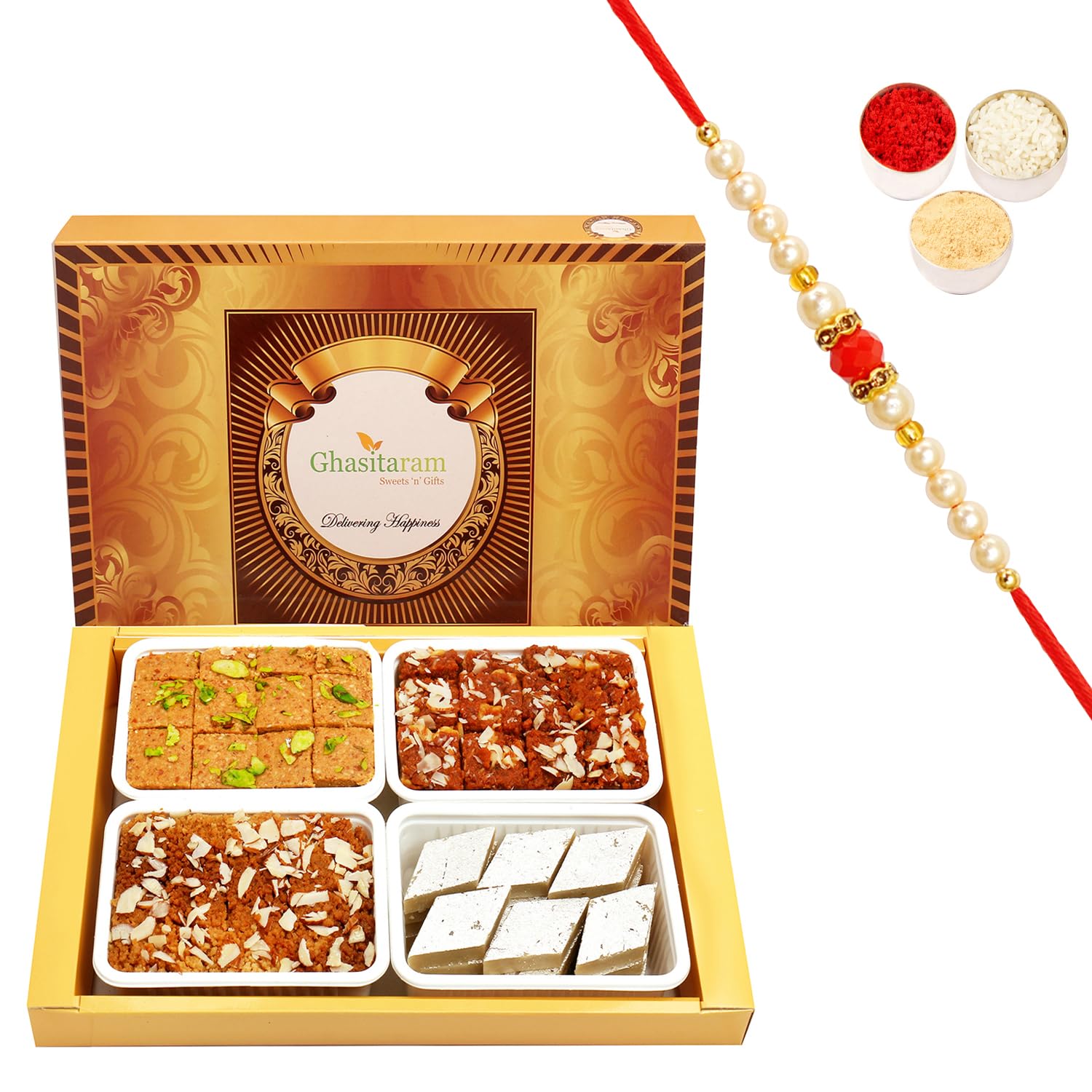 Ghasitaram Gifts Rakhi Gifts for Brothers Rakhi Sweets - Big Box of Kaju Katli, Mysore Pak, Dodha Barfi and Milk Cake with Pearl Beads Rakhi