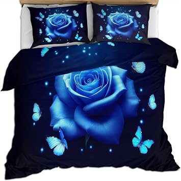 Blue Rose California King Bedding Sets Rose Petals Comforter Cover Flower and Butterfly 3D Bedding Set with 2 Pillow Cases