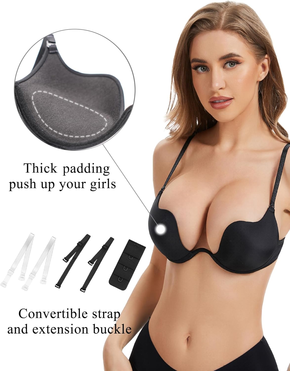 Women's Push Up Bra Deep V Plunge Sexy Cleavage Low Cut Back Underwire Bras Leopard Lace Convertible Multiway - Image 2