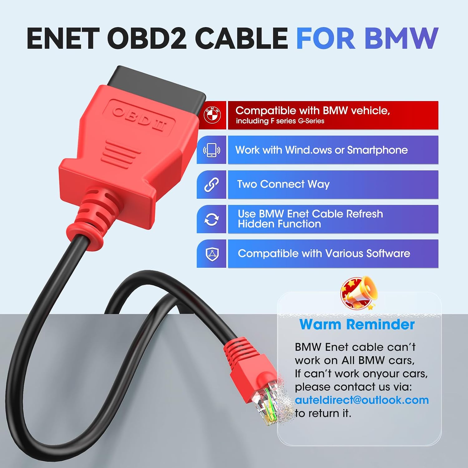 Autel Enet OBD 2 Cable for BMW F G Series Coding, Ethernet to OBD II OBDII Interface Cable, Compatible with BMW Software E-SYS ICOM ISTA+, Programming/Refresh Hidden Function, High Speed, 6.6ft/ 2M