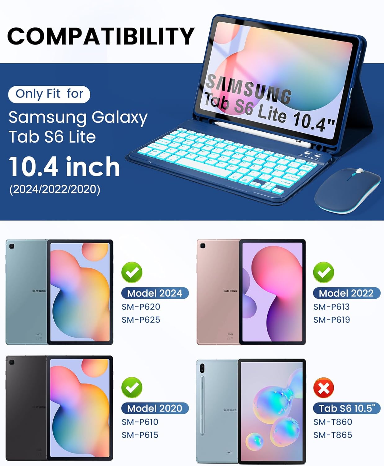 LAMA 7 Colors Backlit Keyboard Case with Mouse for Samsung S6 Lite 10.4 Inch 2020/2022/2024, Detachable Cover for Galaxy S6 Lite 10.4", Rechargeable Keyboard+Thin Case+Wireless Mouse, Navy Blue