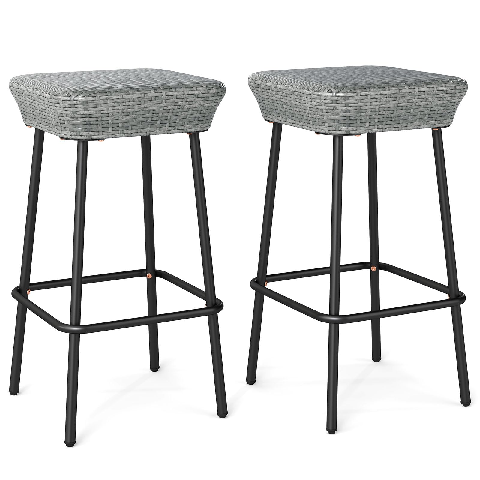 Tangkula Patio Bar Stools Set of 2, 29.5” Metal Bar Height Stools with Rattan Seat & Footrest, Heavy-Duty Wicker Outdoor Backless Seating Furniture