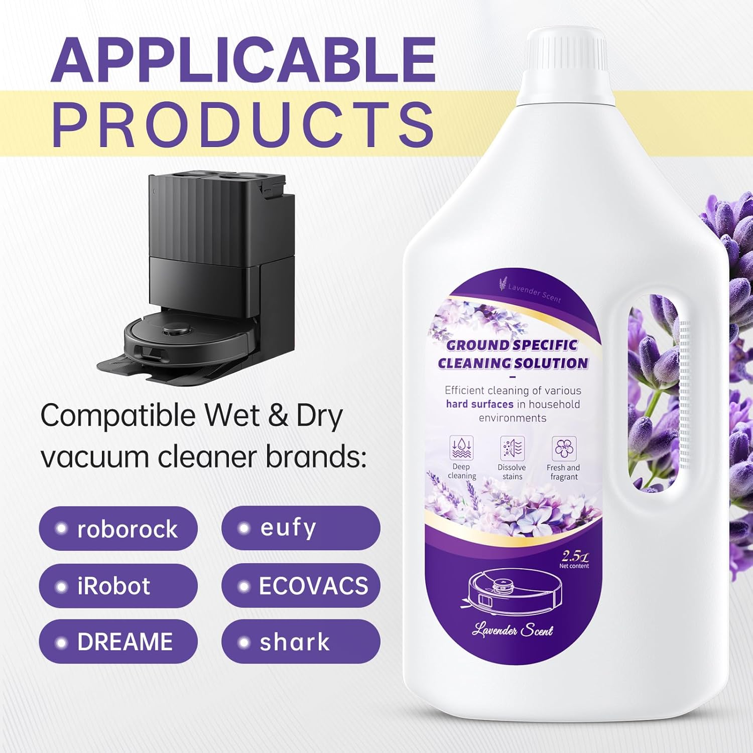 2.5L Floor Cleaning Solution Compatible with Roborock/Eufy/iRobot/Ecovacs/Dreame/Shark, Fragrance Deodorization, Deep Cleans for Multiple Hard Floors (2.5 Liter, 【Lavender】)