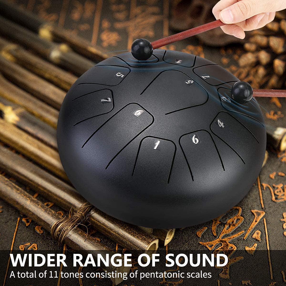 10 Inch Steel Tongue Drum 11 Notes Matte Black Pan Drum with Travel Bag, Mallets, Drumstick Bracket, Knocking Finger Picks and Music Book,Elegant Creative Handpan Drum