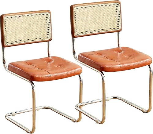 QQXX Juego de 2 sillas de comedor de ratán modernas de mediados de siglo con respaldo de bastón, cómoda silla de escritorio tapizada de cuero con