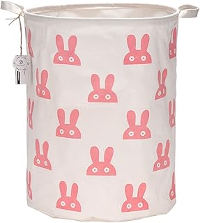 Sea Team 19,7 pouces de grande taille Revêtement imperméable en tissu de coton Ramie Panier à linge pliant Seau Panier de rangement en toile de jute cylindrique avec design élégant de lapin rose