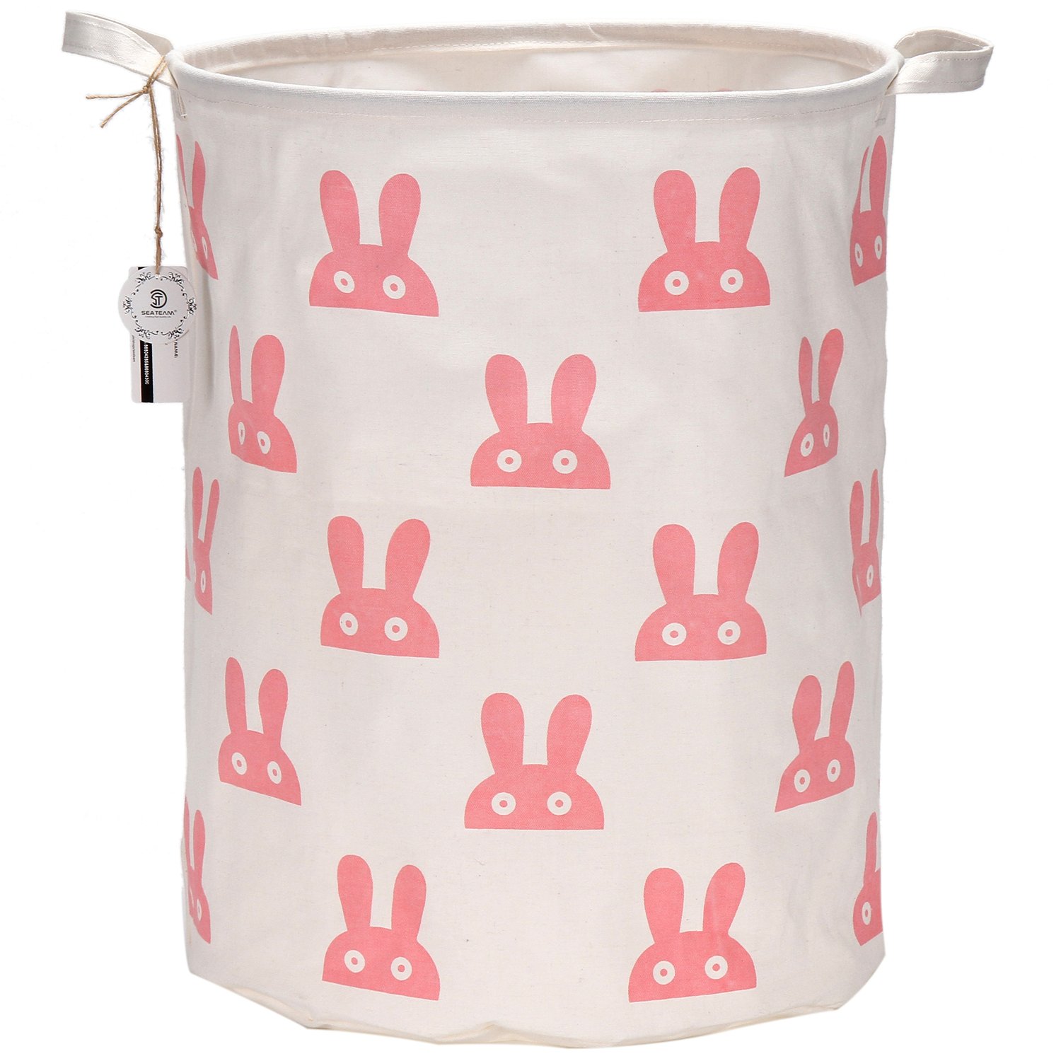 Sea Team 19.7" Large Sized Waterproof Coating Ramie Cotton Fabric Folding Laundry Hamper Bucket Cylindric Burlap Canvas Storage Basket with Cute Bunny Design (Pink)