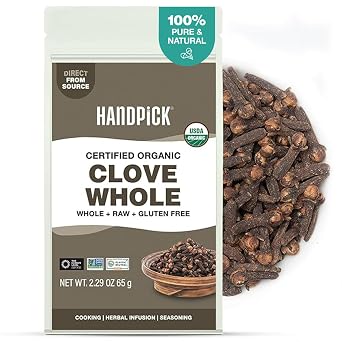 HANDPICK Organic Cloves Whole 2.3oz, 65g Premium Cloves from South India | Packed in a Resealable Zip Lock Pouch | Perfect for Cooking, Smoothies, Pomander Balls & Tea Packaging may vary