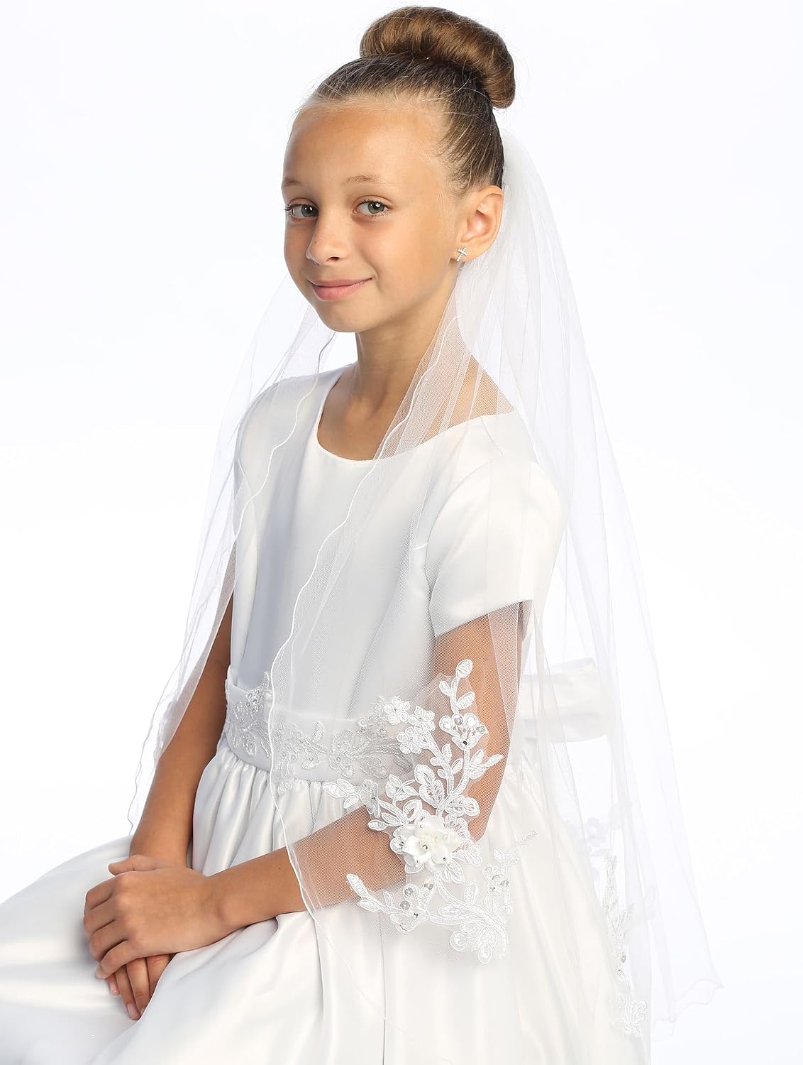 Pink Princess First Communion Veil for Girls 7-16 w/Appliques - 1st Holy Catholic Velos para Niñas de Primera Comunion