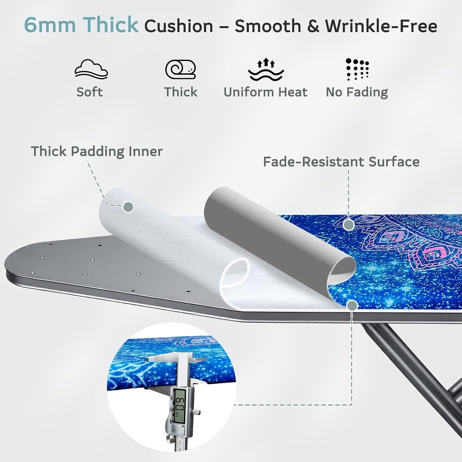 FIOBEE Ironing Board Cover and Pad Extra Thick Iron Board Pad with Heat-Resistant Mesh Padded Iron Board Covers Adjustable Buckle & Elastic Edges for 15x54 Standard Size (Ironing Board Not Included)
