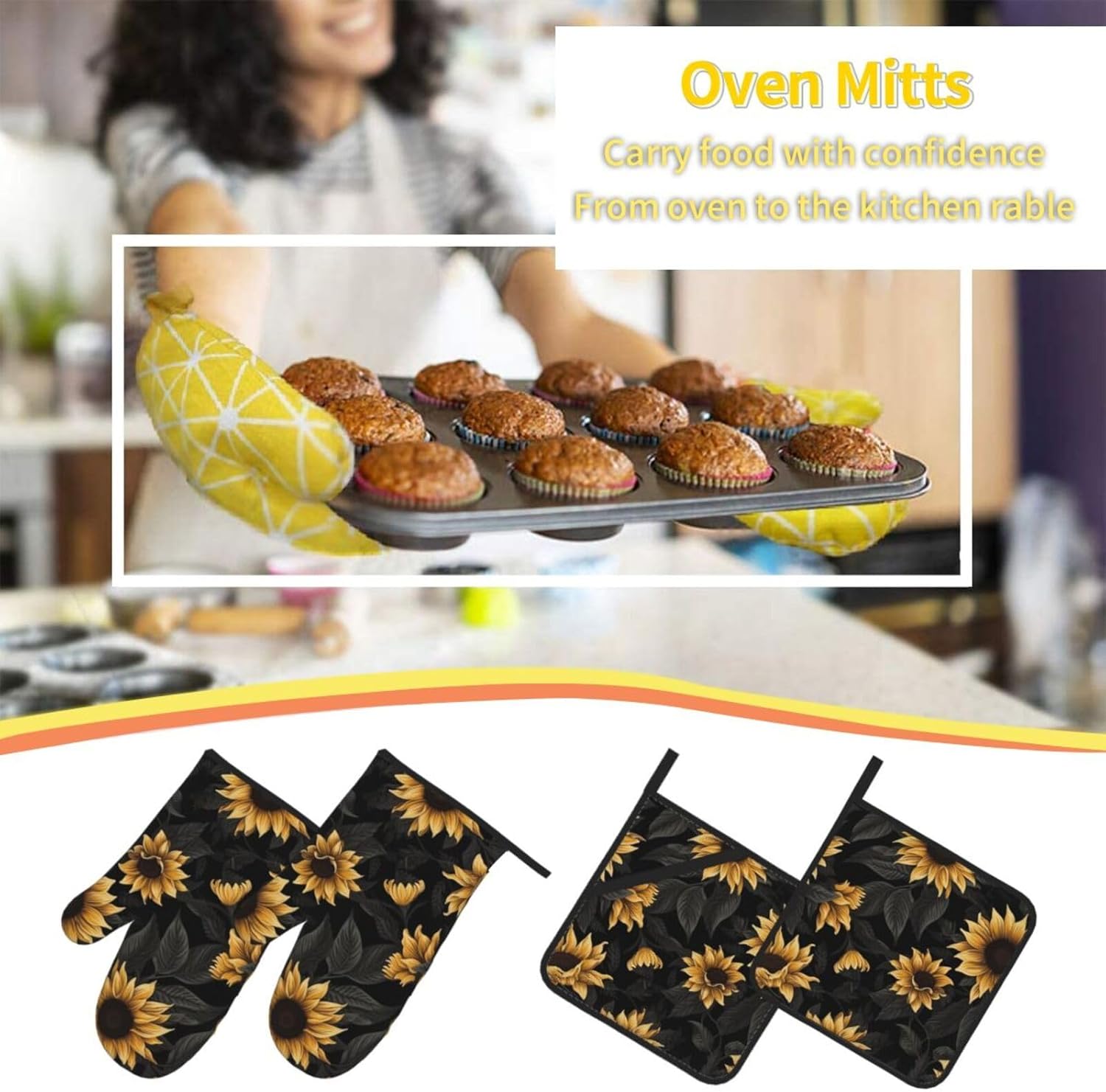 (Sunflowers Printed) Baking 4-Piece Set: 2 Oven Mitts and 2 Pot Holders Heat Resistant Waterproof Hanging Loop for Kitchen Oven Grill Housewarming Gifts
