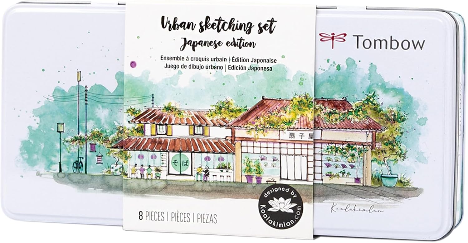 Tombow 56305 Urban Sketching Set, 8-Piece Art Set with Dual Brush Pens, Colored Pencils, Water Brush, Mechanical Pencil, Drawing Pen
