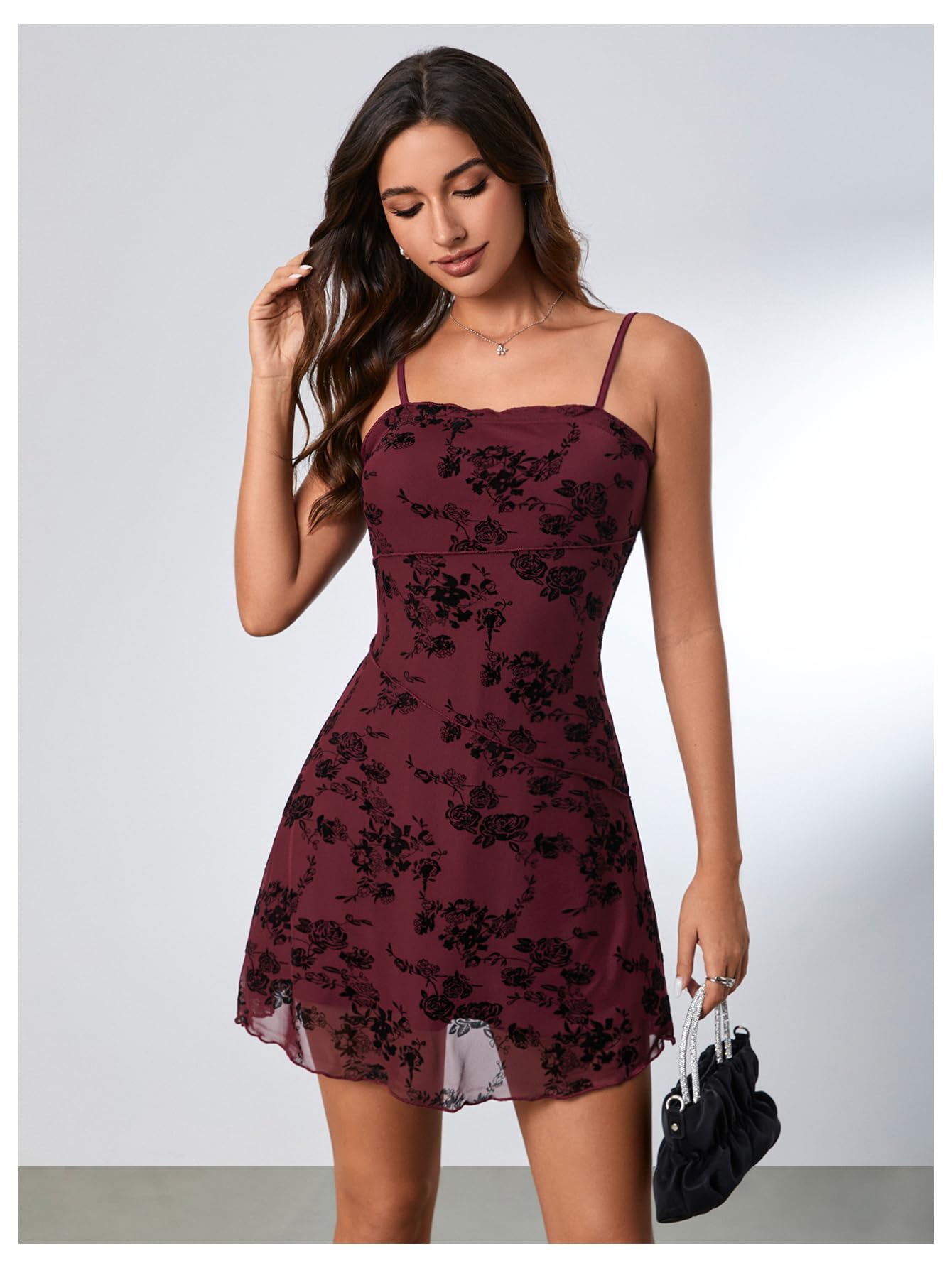Verdusa Women's Mini Dress Floral Spaghetti Strap Mesh Short Dresses Going Out Sundress Y2k Gothic Clothes: Large Burgundy
