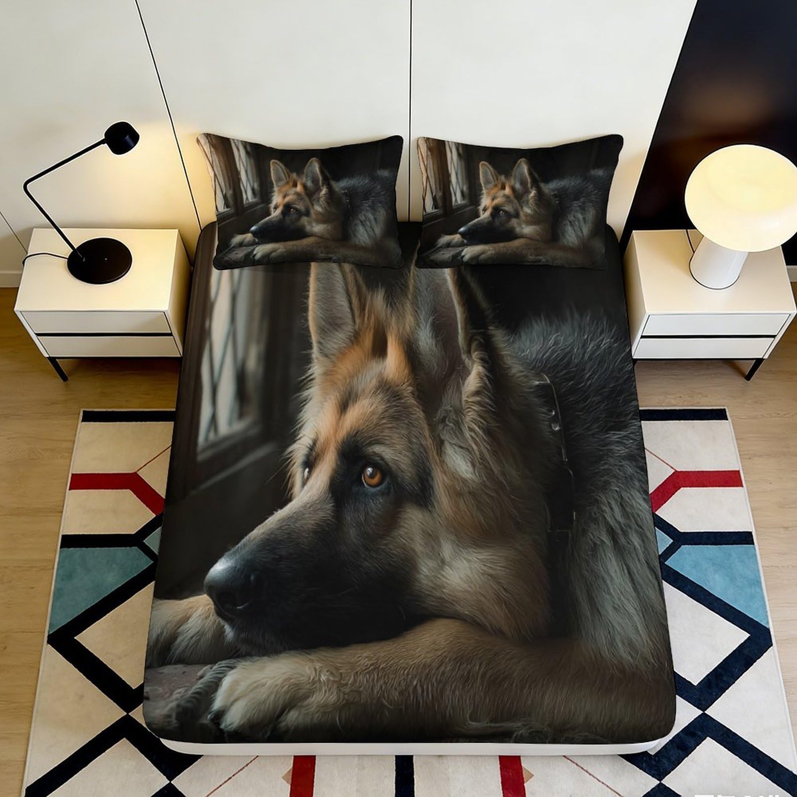 3D Printed German Shepherd Fitted Sheet Microfiber Soft Animal Bed Cover for Bedroom Guest Room Mattress Decor 90x200x25cm