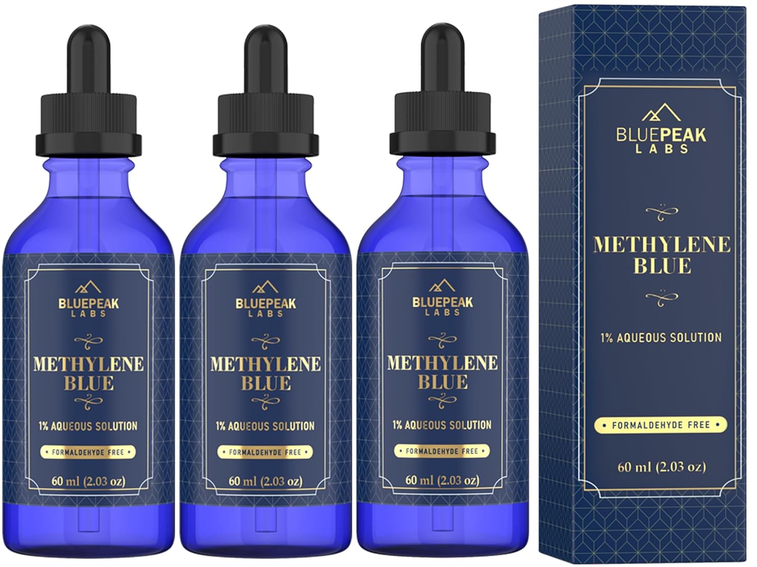 Methylene Blue Pharmaceutical Grade, No Formaldehyde, USP Grade,Methylene Blue Drops, High Purity Lab Compound, 1% Solution, Third Party Lab Tested, Made in USA, 60mL (3 Pack)