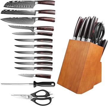 Knife Set with Block Knife Block Set- 15 PCS Kitchen Utensils includes Kitchen Scissors Knife Sharpener and Knife Holder Japanese 4Cr13 Steel Knife Block Set -Olive Solid Wood Handle Dishwasher Safe