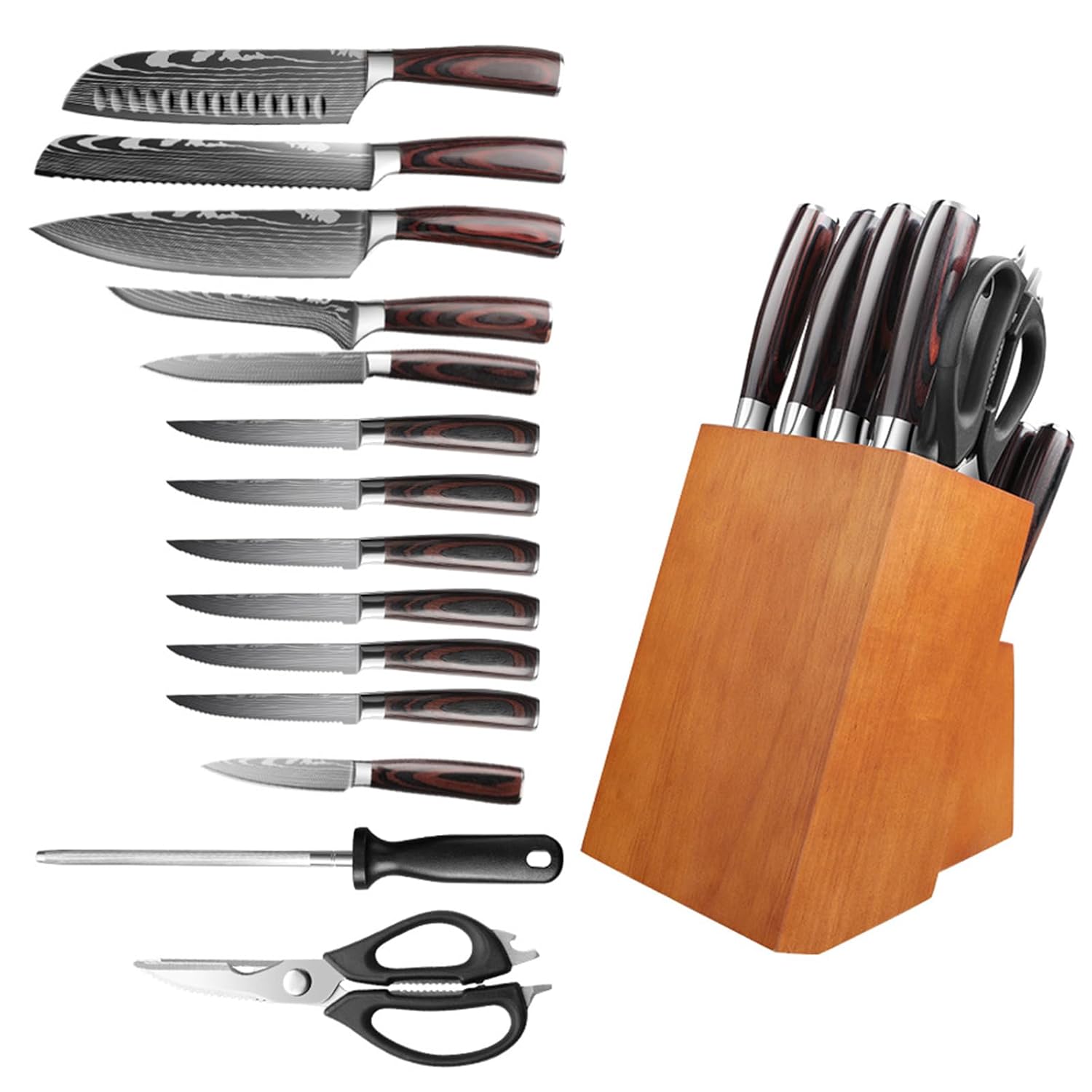 Knife Set with Block Knife Block Set- 15 PCS Kitchen Utensils includes Kitchen Scissors Knife Sharpener and Knife