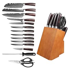 Knife Set with Block Knife Block Set- 15 PCS Kitchen Utensils includes Kitchen Scissors Knife Sharpener and Knife