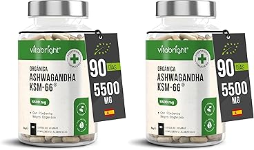 Ashwagandha KSM-66 | Bio Ashwagandha Cápsulas 5500 mg | 3 Meses - 1 al Día | Bajar el Cortisol | 550 mg Ashawanda Concentrada KSM 66-10x Más Fuerte | VitaBright Asawanda (Paquete de 2)
