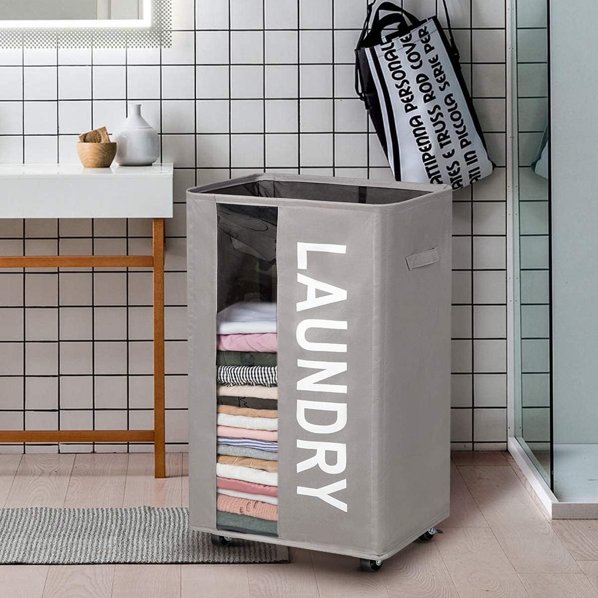 WOWLIVE 90L Rolling Laundry Hamper Large Laundry Basket Wheels Collapsible Clothes Hamper with Clear Window Carry Handles Rectangular Laundry Basket Bin 16"X12"X28"(Grey)